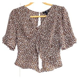 Aqua Leopard Shirred Crop Top with Ruffle Sleeves